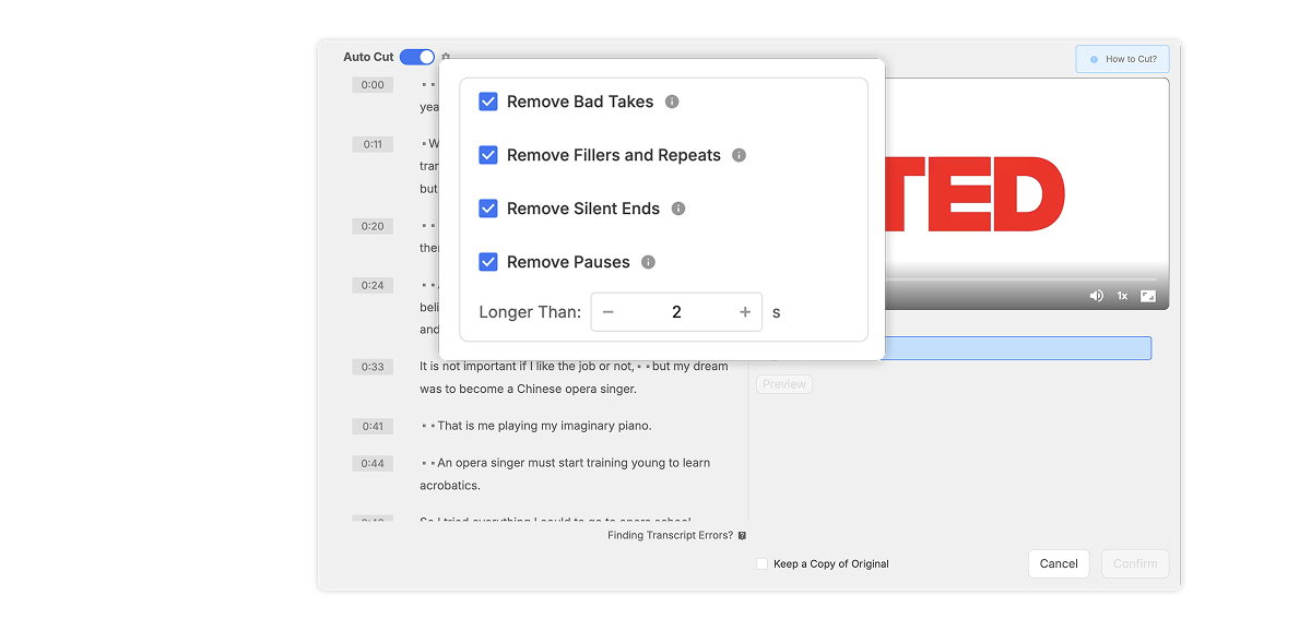 Quick edit panel in Visla's text-based video editing tool with trimming and cleanup options.